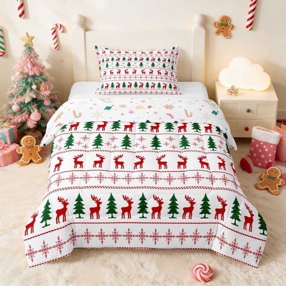 Manfei Fair Isle Twin Comforter Sets Christmas Bedding Set, Slate Red 2pcs 1 Comforter and 1 Pillowcase, Xmas Reversible