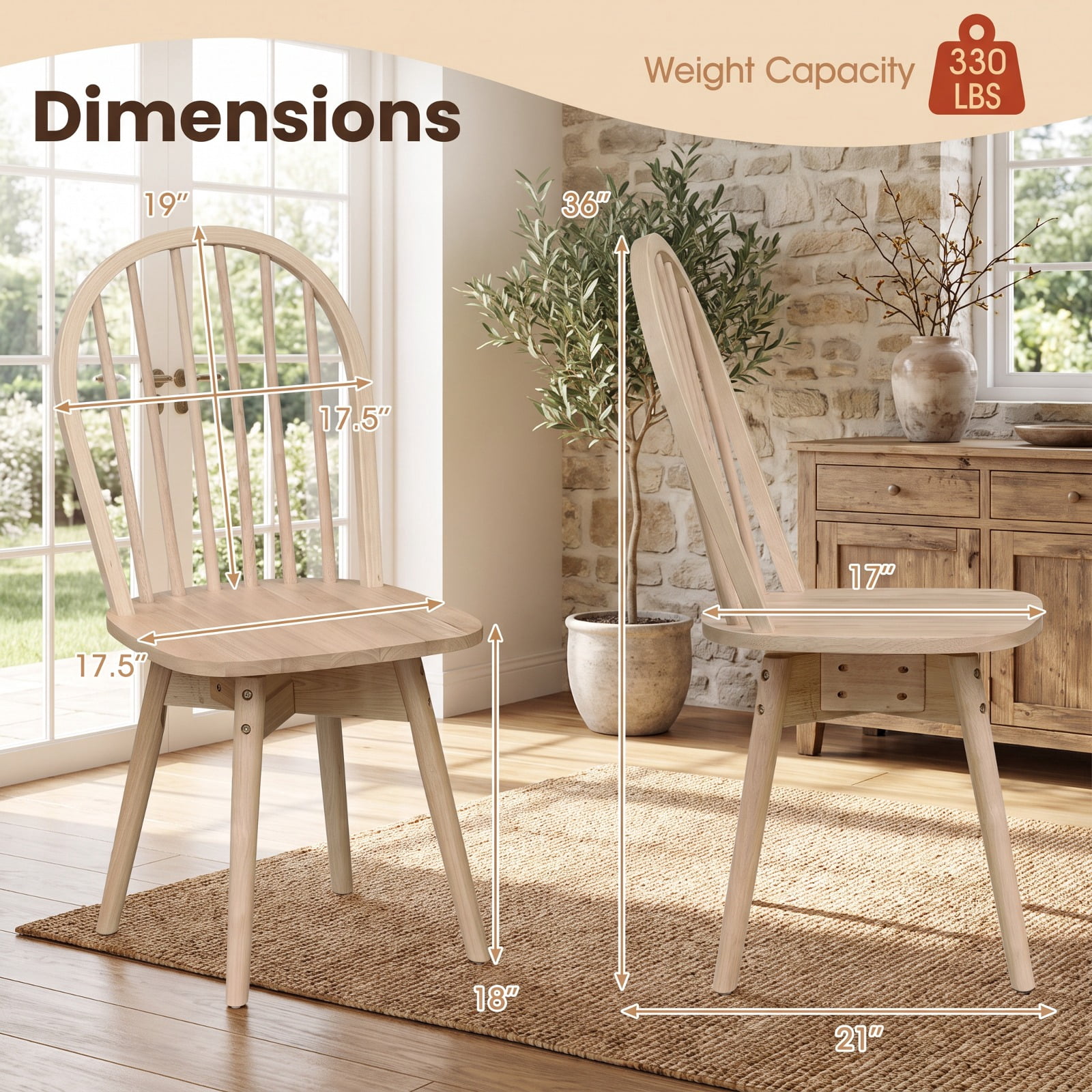 Furnibear Swivel Windsor Dining Chairs Set of 2 with Solid Rubber Wood Frame for Kitchen Dining Room Living Room Home, Natural