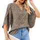 thumbnail image 3 of Blusas de Mujer con Mangas 3/4 y Cuello en V Holgado con Estampado de Pétalos de , Blusas de Trabajo de Negocios Flores Marrones L, 3 of 7
