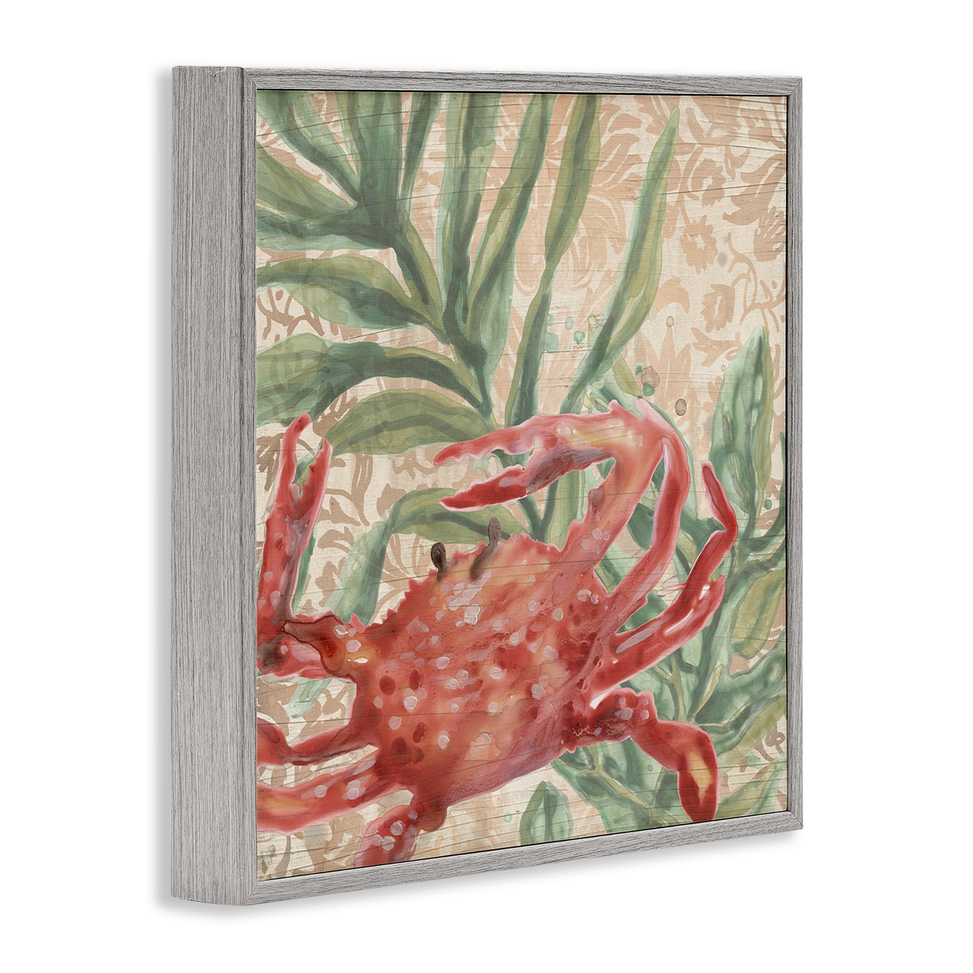 Stupell Industries Crab on Floral Pattern Animals & Insects Painting Gray Framed Art Print Wall Art, 12 x 12
