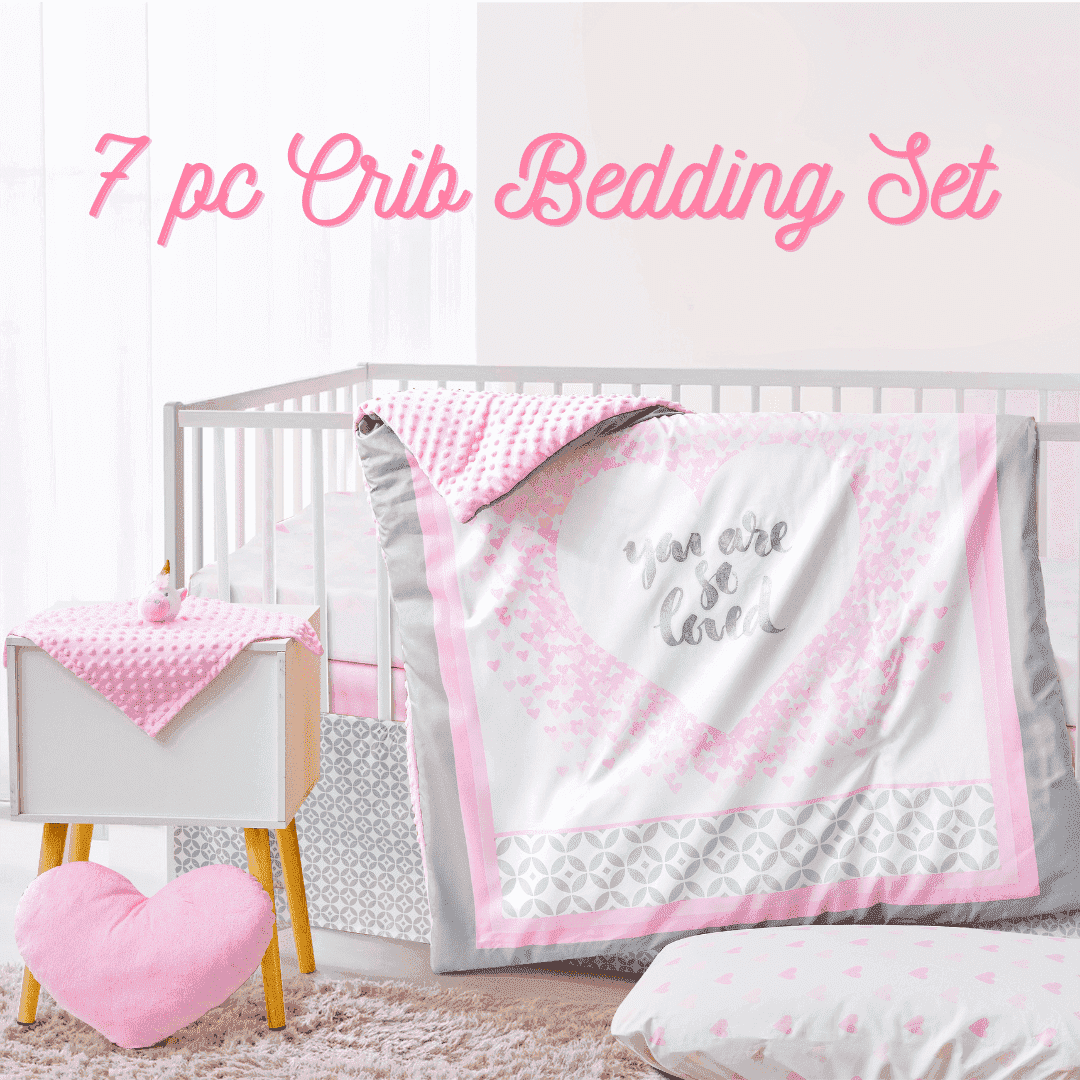 Manhattan Kids You Are So Loved Nursery Bedding Set | 7-Piece Crib Sheet & Nursery Décor Collection | Heart Theme for Baby Girls