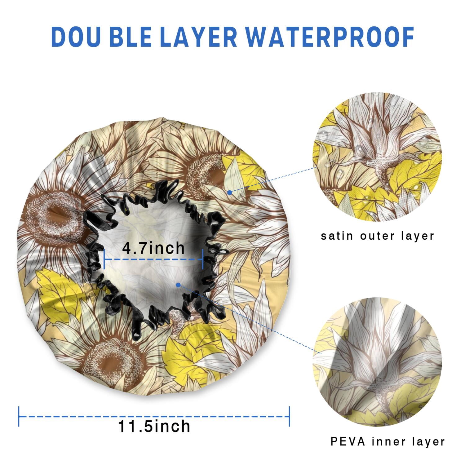 Shower Caps,Yellow Sunflower Bud Leaf Pattern Waterproof Shower Cap for Women 4 Pieces,Double Reusable Hair Cover for Shower PEVA Elastic Stretch Hem