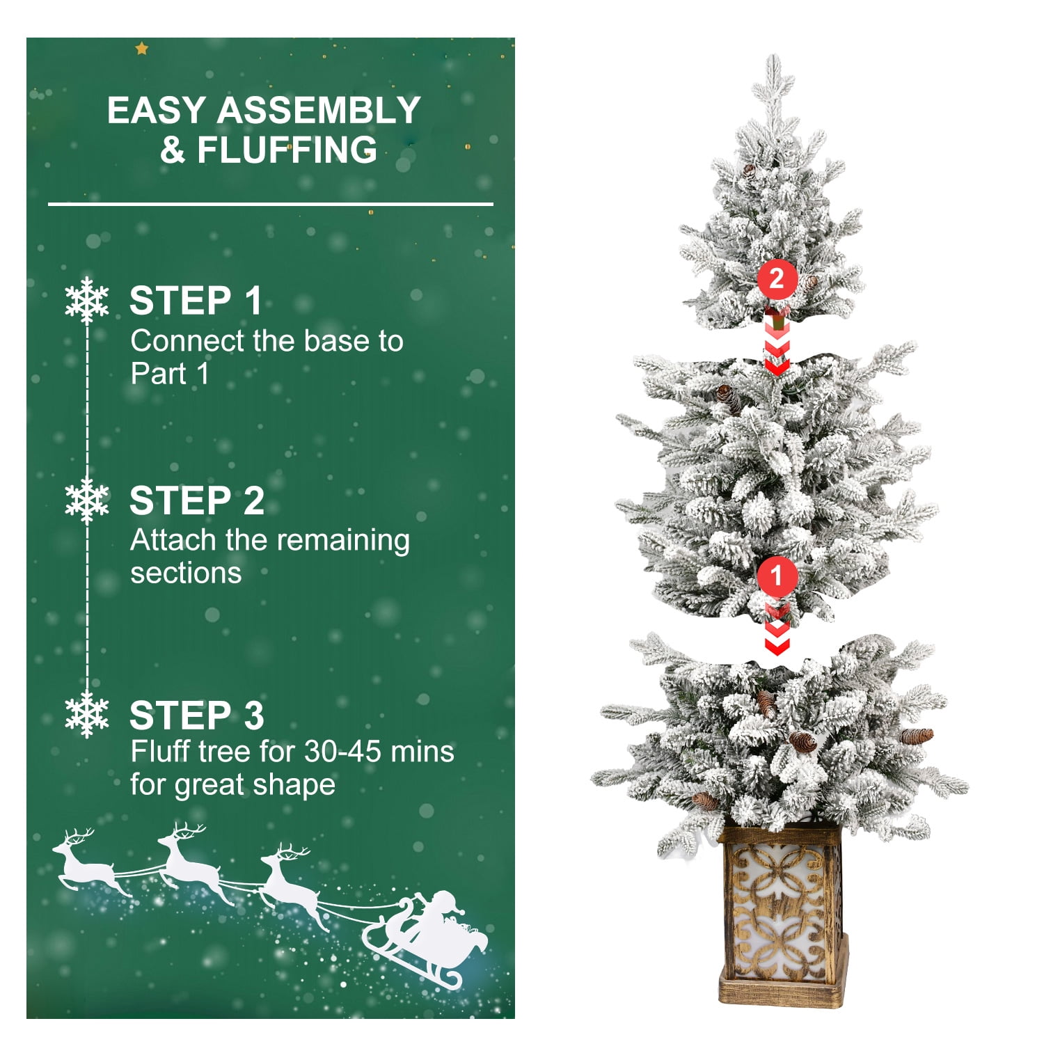 4 Ft Flocked Christmas Tree with Multicolour LED Lights, 396 Tips, Glitter Base, 100 Lights, PE/PVC Tips with Pine Cones, Light-Up Colorful Basin, Easy Assembly Holiday Decor