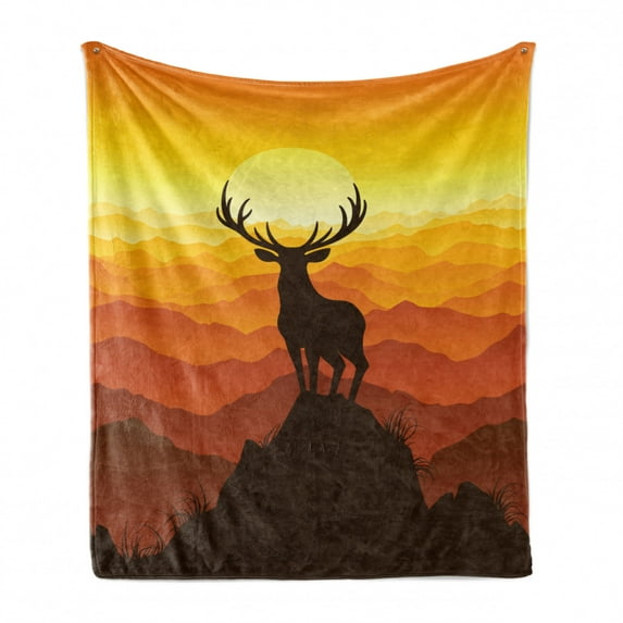 Wildlife Soft Flannel Fleece Blanket, Graphic Illustration of Deer Antler Silhouette at Sunset on Hills Foggy Mountains, Cozy Plush for Indoor and Outdoor Use, 50" x 60", Multicolor, by Ambesonne