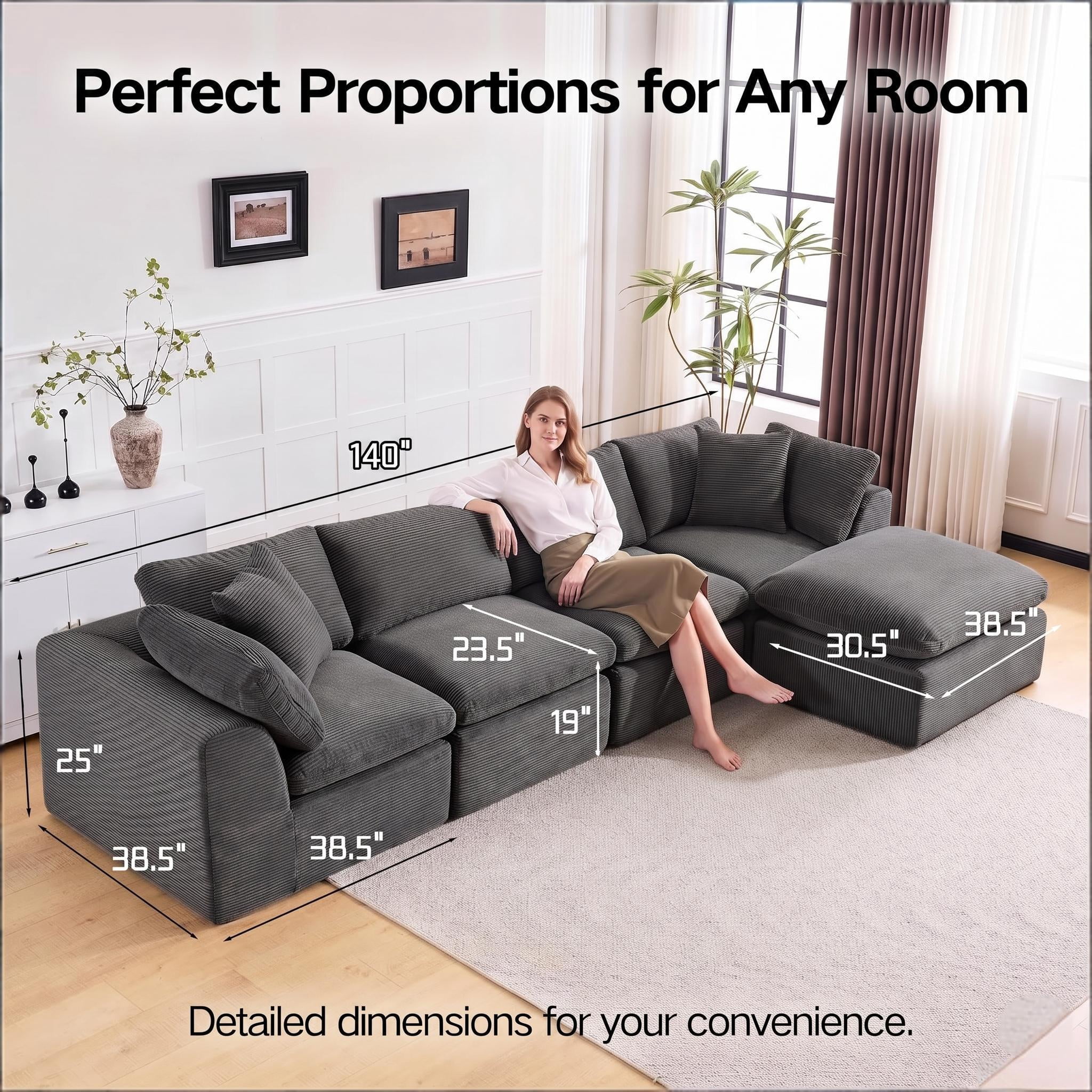 4 Seater Cloud Couch With Ottoman, No Assembly Required Modular Boneless Sofa, Comfy Deep Seat Sectional Sofa for Living Room, Bedroom, Apartment