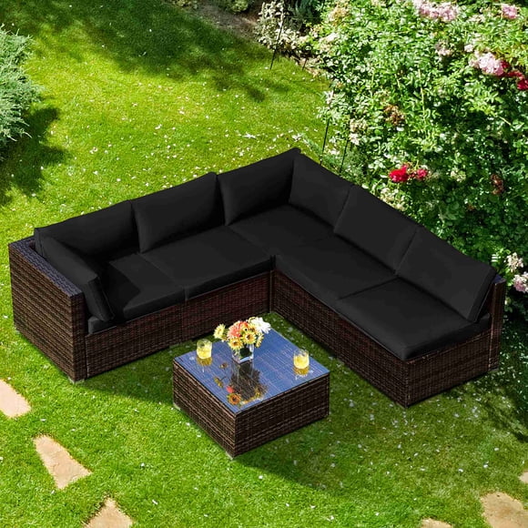 Costway Ensemble de Mobilier de Patio en Rotin 6 Pcs Canapé Coussiné Table Basse Noir