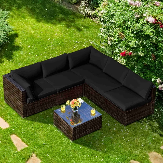 Costway Ensemble de Mobilier de Patio en Rotin 6 Pcs Canapé Coussiné Table Basse Noir