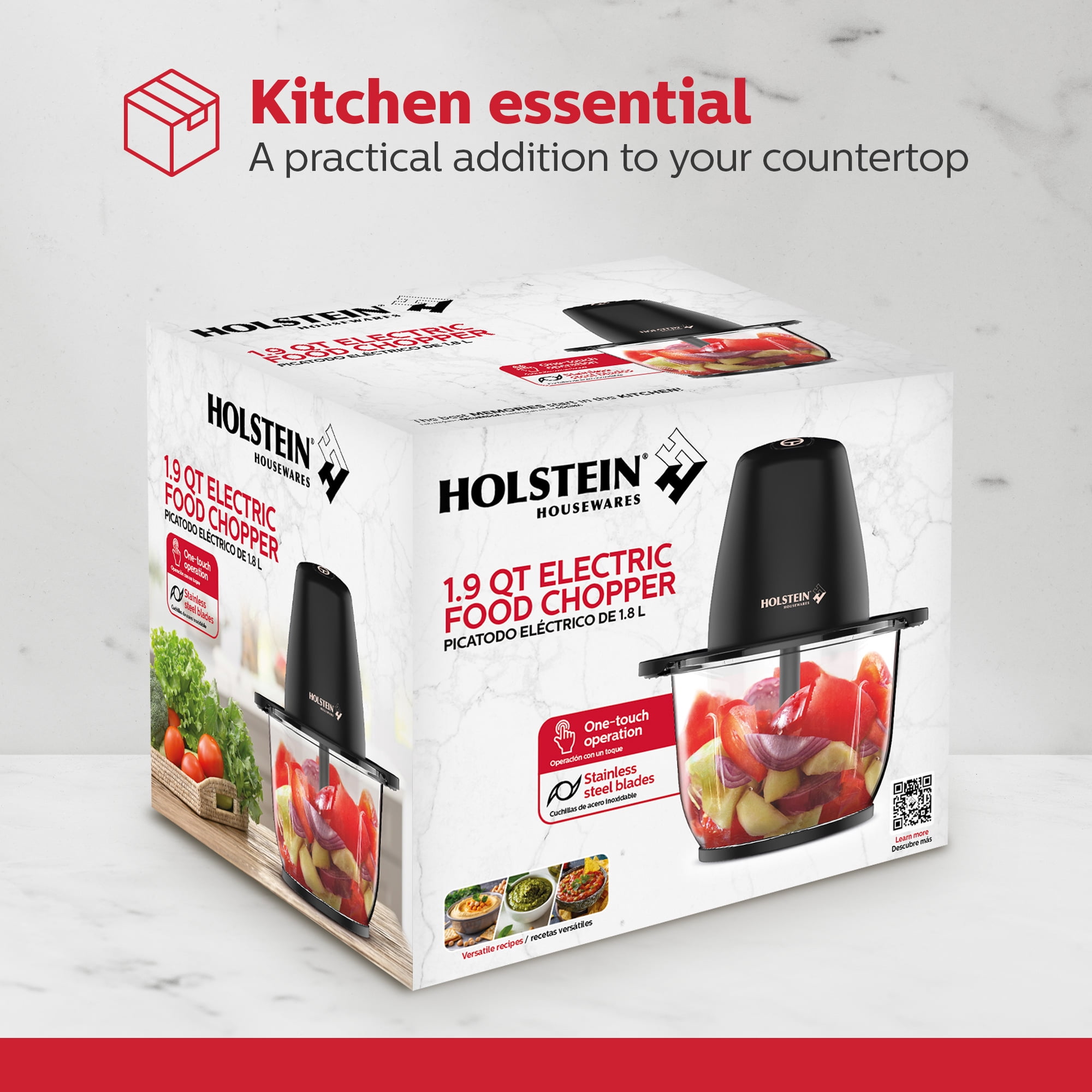 Holstein Housewares Electric Food Chopper – 1.9 QT, 8 Cup, Black, High-Powered Mini Food Processor with Glass Bowl for Chopping, Dicing & Blending, Compact & Easy to Use for Quick Meal Prep 250W