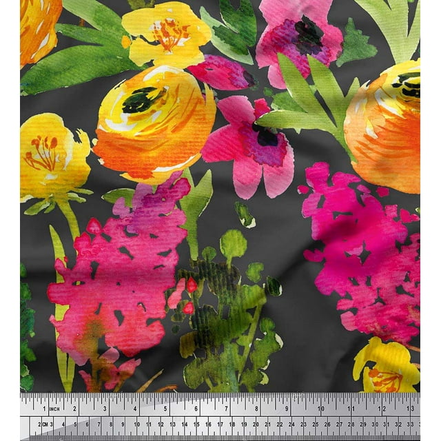Soimoi Gray Poly Georgette Fabric Leaves & Floral Decor Fabric Printed BTY 42 Inch Wide