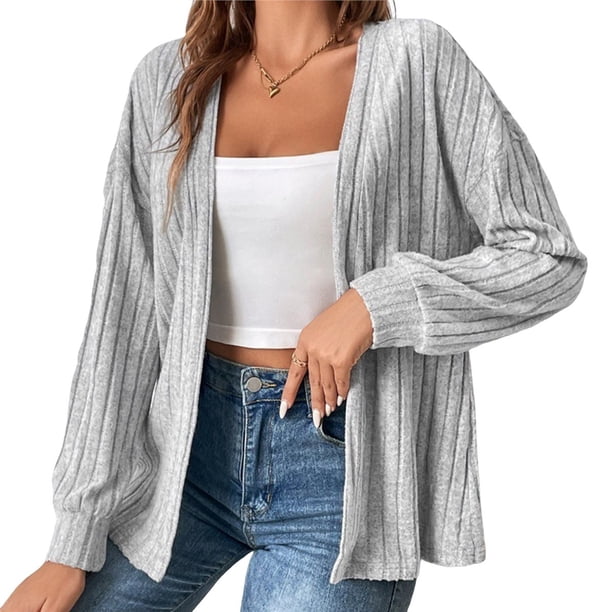 Chaquetas de Mujer de Color Liso, Larga, Frente Abierto, Chaqueta Regular Gris M