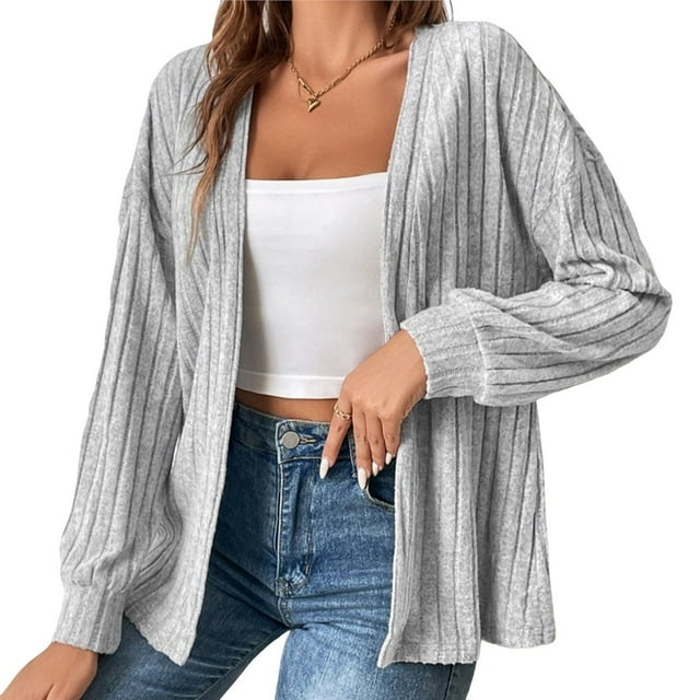 Chaquetas de Mujer de Color Liso, Larga, Frente Abierto, Chaqueta Regular Gris M