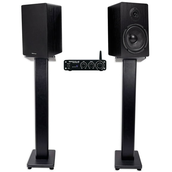 Rockville BLUAMP 21 Bluetooth Home Audio Receiver 2) 6.5" Black Speakers Stands
