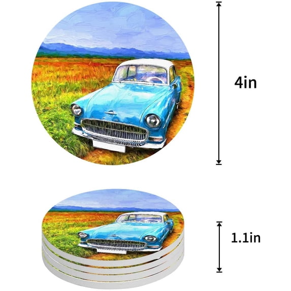 ZHANZZK Vintage Car Driving in The Field Set of 6 Round Coaster for Drinks, Absorbent Ceramic Stone Coasters Cup Mat with Cork Base for Home Kitchen Room Coffee Table Bar Decor