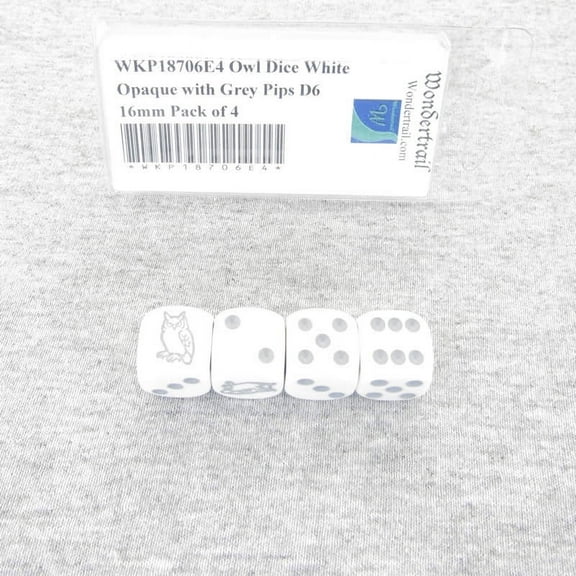 Owl Dice White Opaque with Grey Pips D6 16mm (5/8in) Pack of 4 Wondertrail