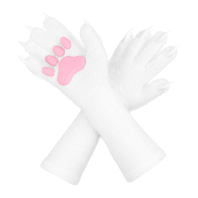 Guantes de peluche con forma de garra de gato, ideales para Halloween, cosplay, para hombres, mujeres, carnaval, adultos y adolescentes. Blanco