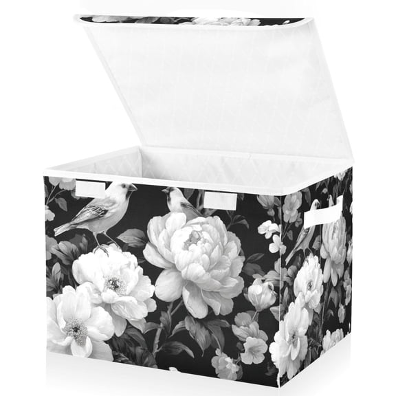 Foldable Fabric Storage Bin With Handle Collapsible Basket Box Storage With Lid Organizer Birds and Florals