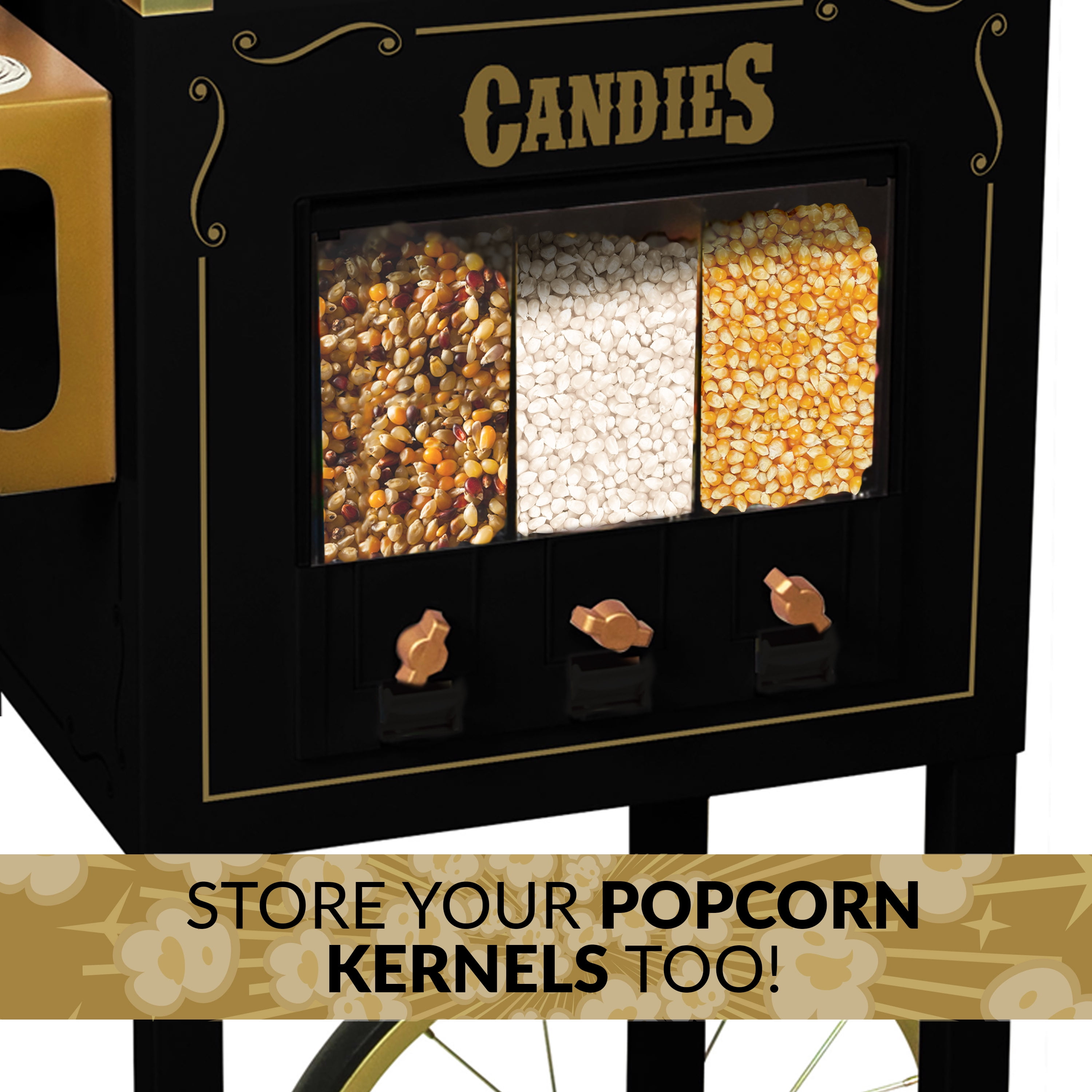 Corn rush popcorn machine with 3 candy dispenser & cart, 8oz - black