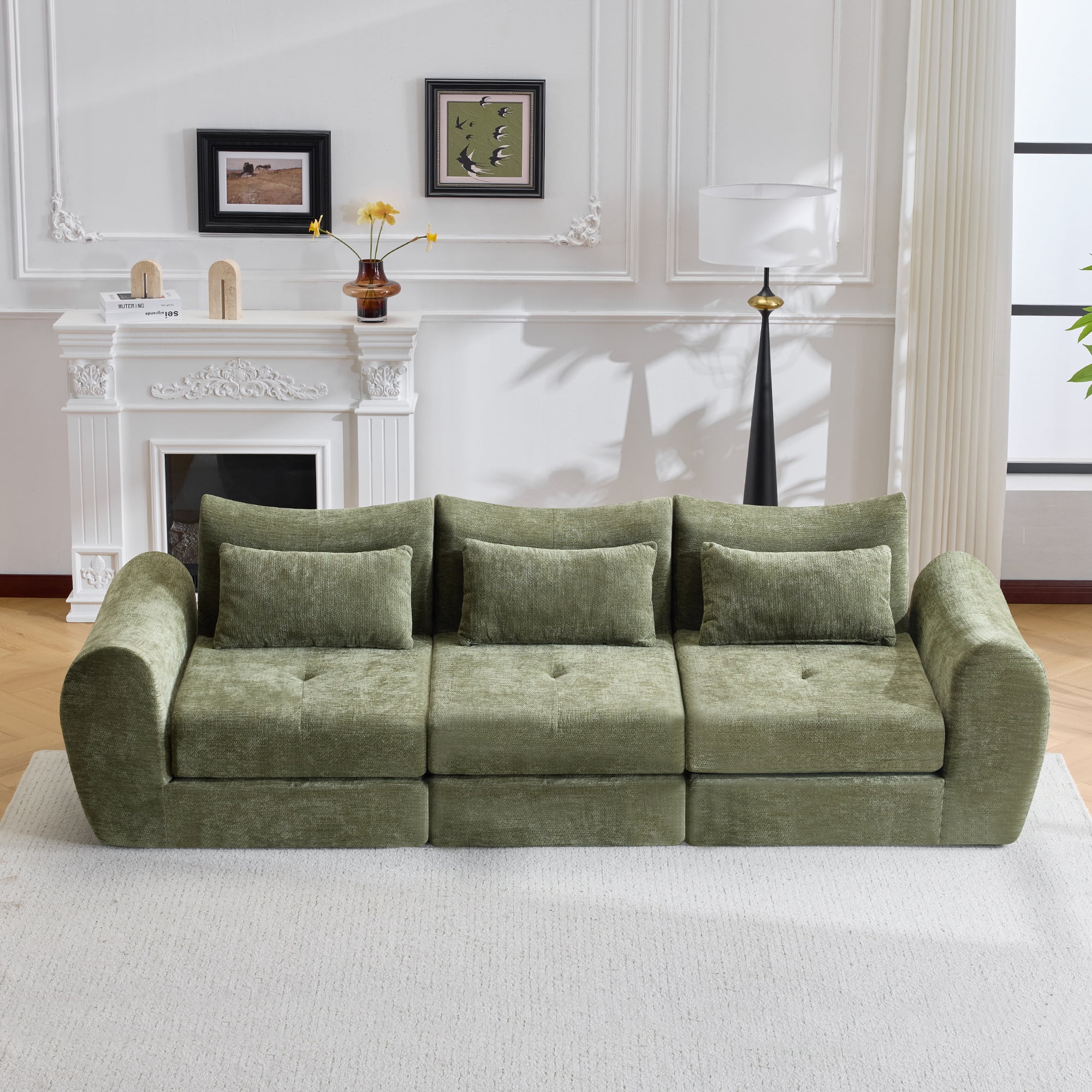 BSHTI 101.58" Chenille Modular Cloud Sofa, Comfortable Sectional Sofa with Convertible Folding Design for Living Room（Green）