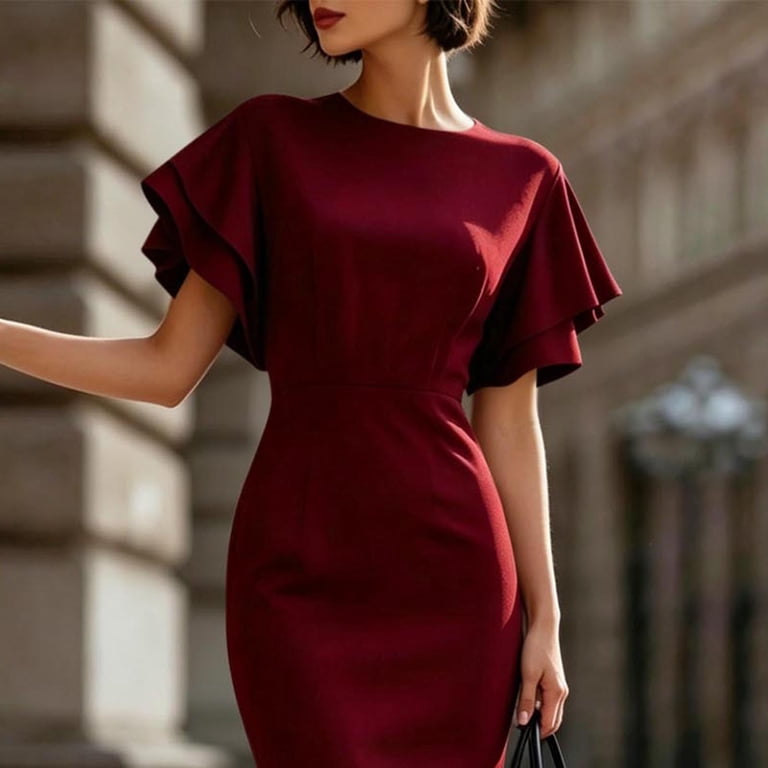 Karymi Spring Dresses for Women Solid Crew Neck Ruffle Flutter Sleeve Bodycon Midi Dress, Back Split Slim Pencil Sheath Dress Formal Office Wedding