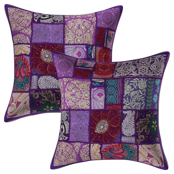 Stylo Culture Ethnic Cotton Home Decor Throw Pillow Covers Purple 16x16 Bohemian Vintage Patchwork Ethnic Sofa Cushion Covers 40 x 40 cm Living Room Floral Square Pillow Cases | Set Of 2