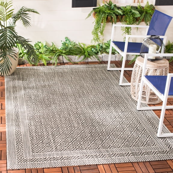 SAFAVIEH Courtyard Marisa Border Indoor/Outdoor Area Rug, 5'3" x 7'7", Grey/Black