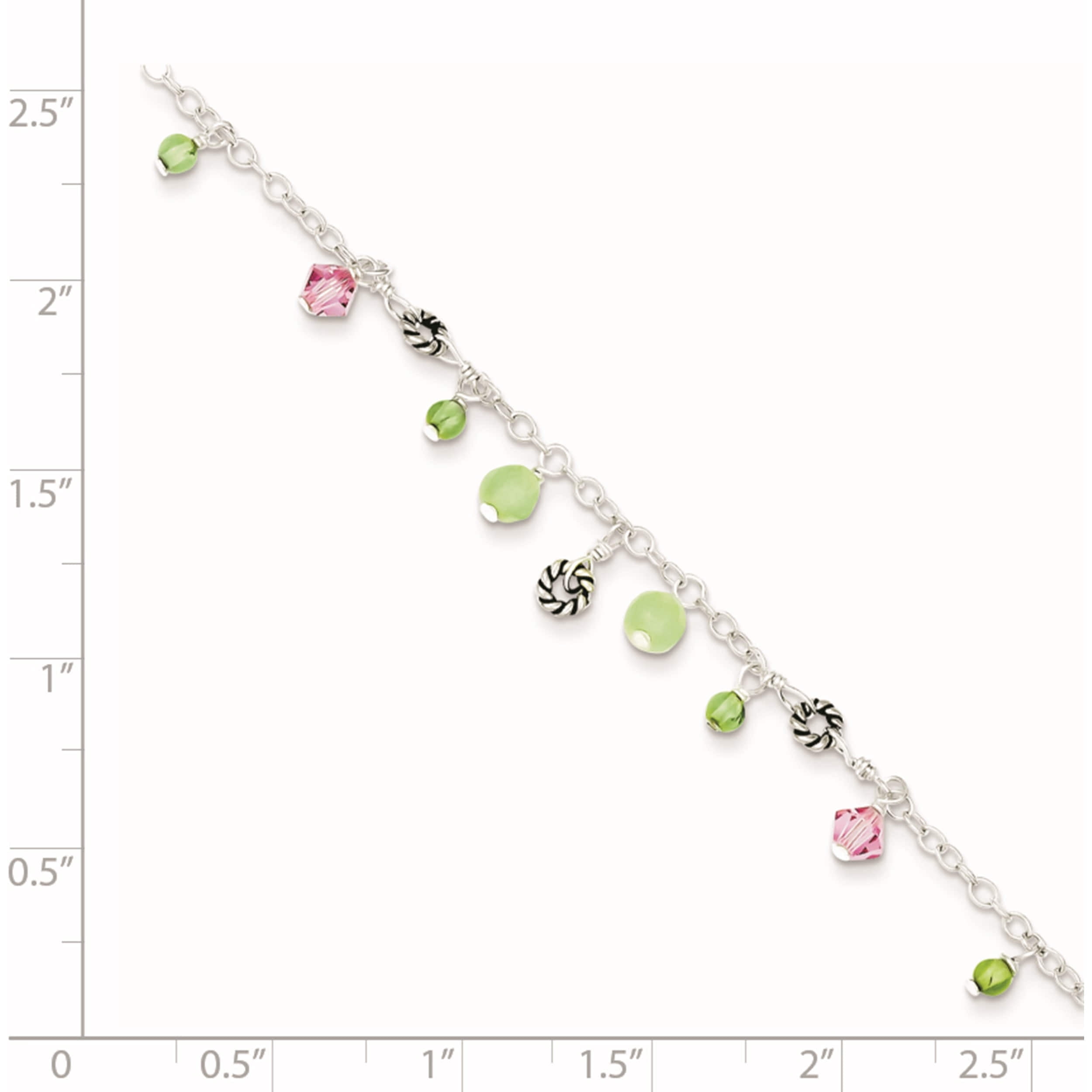 Sterling Silver 9In Pink Crystal Green Quartz Peridot Beads Anklet Made In Thailand qg1401-9