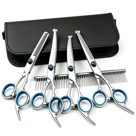 6-in-1 Dog Grooming Scissors Kit, Stainless Steel Dog Scissors for Grooming with Curved Scissors & Comb, for Home & Professional Pet Grooming, Blue