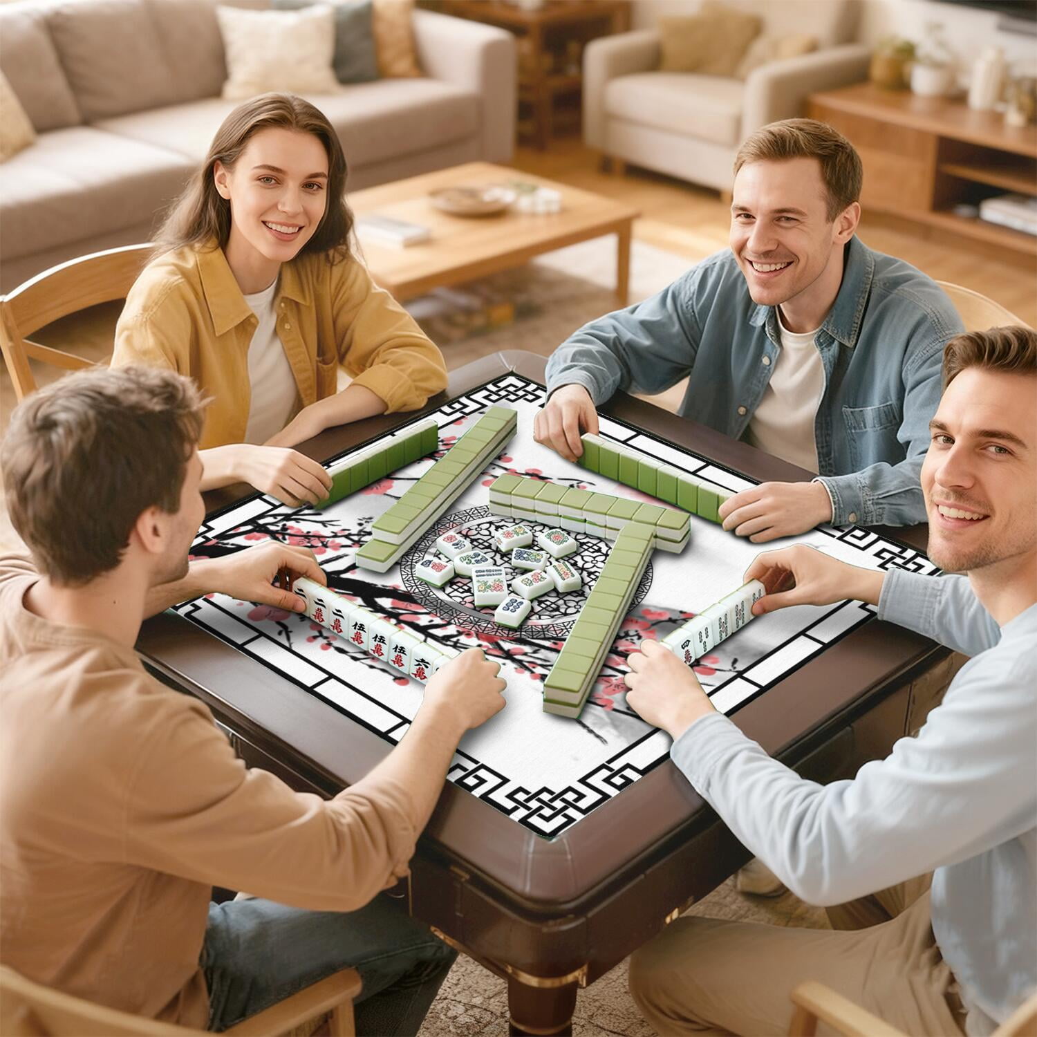 Elegant Mahjong Mat for Table, 31.5*31.5in Anti Slip Mahjong Table Cloth, Noise Reduction, Neoprene Mah jongg Mat with Carrying Bag & 3 Dices, Poker Board Tile Games Mats, Chinese Ink Painting Style