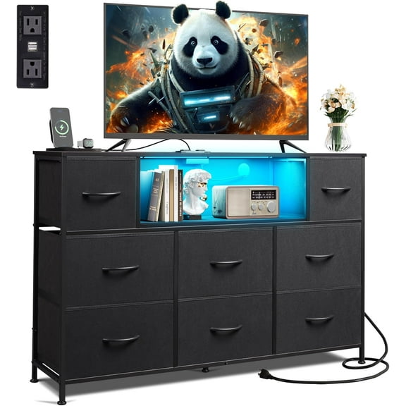 XX Black Dresser TV Stand for 45, 50, 55 inch TV, Entertainment Center with LED Lights & Charging Station, Chest of Drawers with 8 Fabric Drawers and Open Shelves for Living Room, Hallway, Wood Top