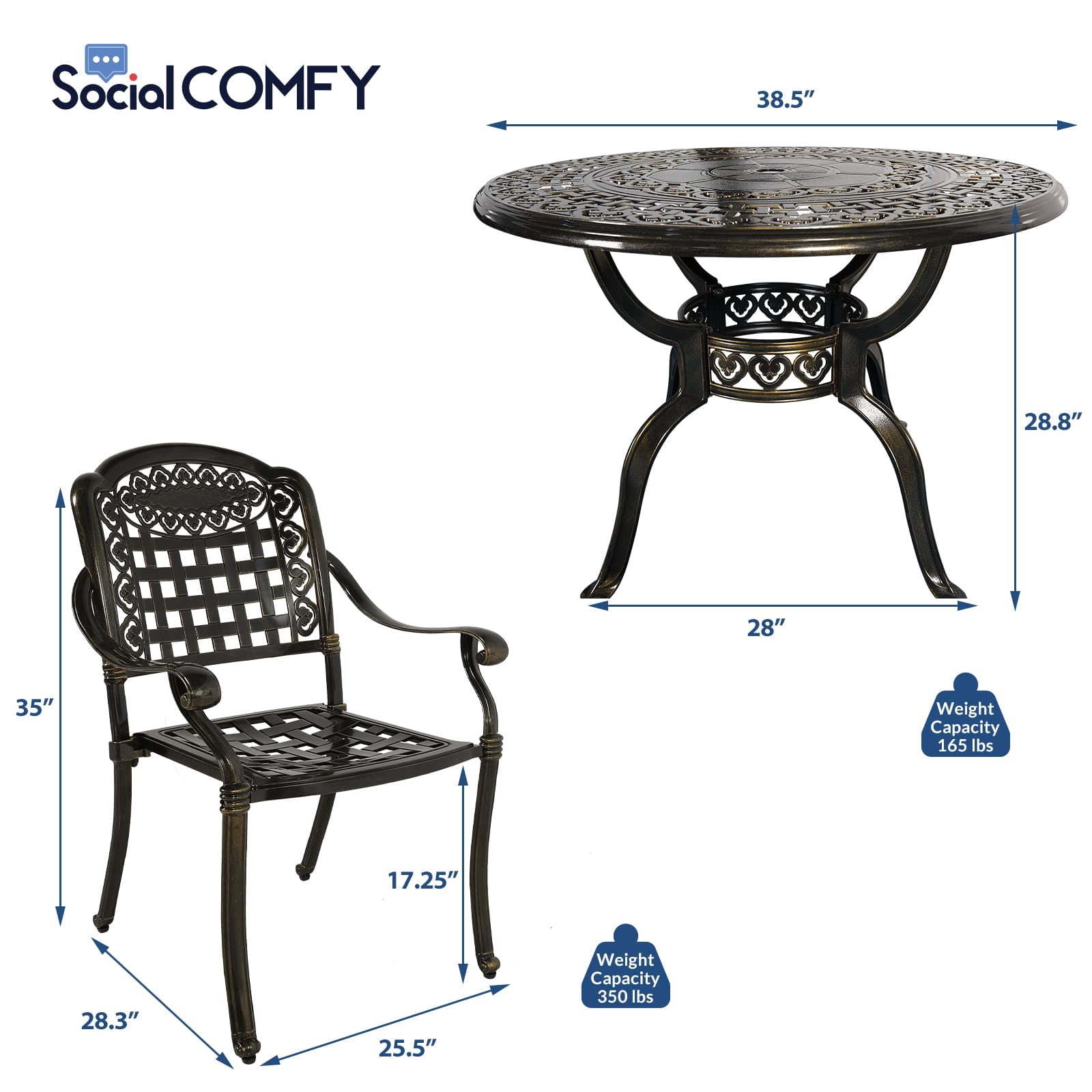 SOCIALCOMFY 5-Piece Outdoor Patio Dining Set, All-Weather Cast Aluminum Furniture Conversation Set, Include 4 Chairs and a 38.5 inch Round Table with Umbrella Hole for Balcony, Lawn, Garden, Backyard