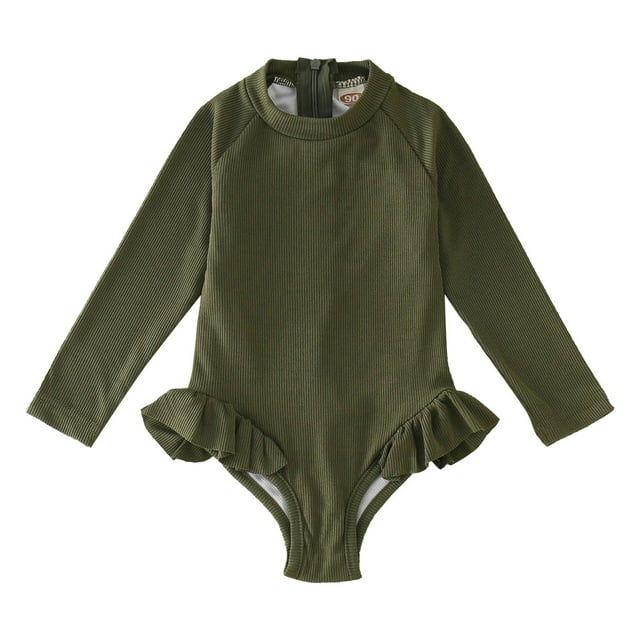 Hiiyo Toddler Girls Long Sleeve Zip-Up Rash Guard Ruffle Solid UPF 50+ One-Piece Swimsuit