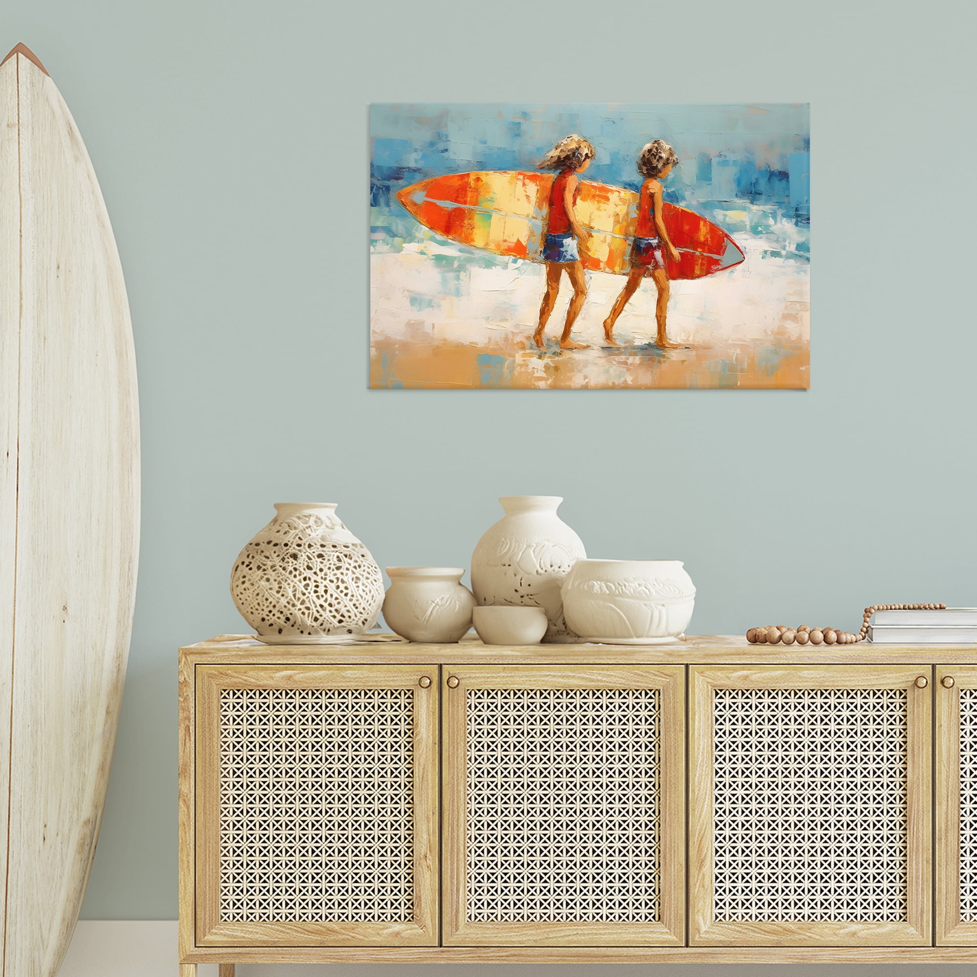 Stupell Industries Kids Holding Surfboard People Painting Wrapped Canvas Art Print Wall Art, 36 x 24