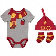 Harry Potter Baby Boys Clothing 3-Piece Set with Bodysuit, Hat, and Socks Gifts Baby Clothes 3 Pack Grey/Red/Yellow, 6-9M