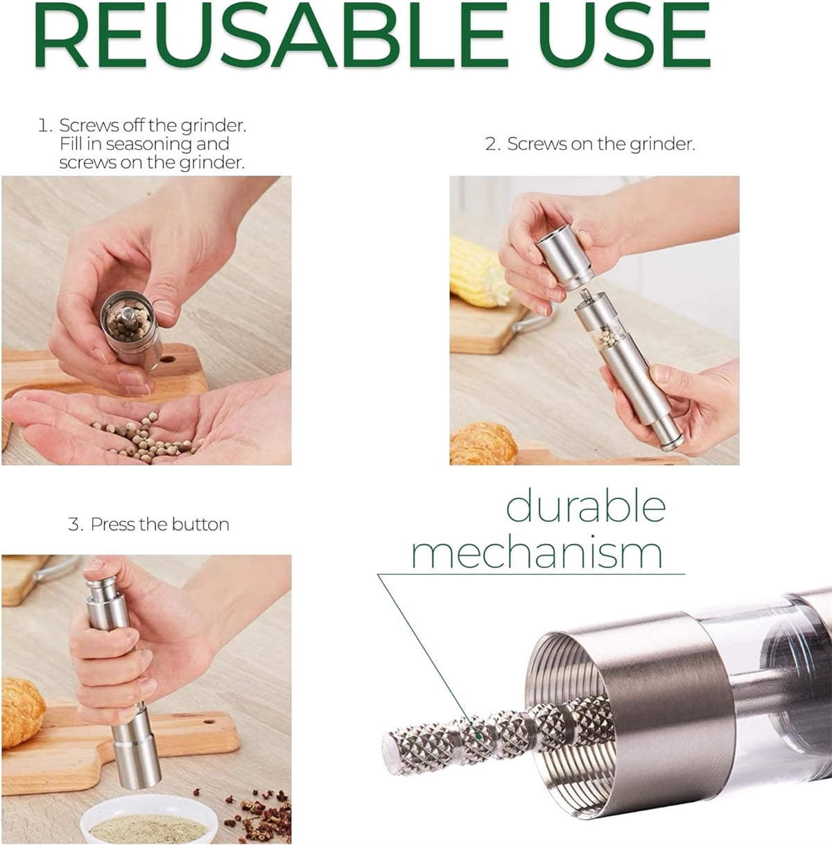 Salt and Pepper Grinder 1 Pack,Refillable One-Handed Pepper Grinder Mill,Manual Push Button Pepper Mill,Stainless Steel Mill Grinder for Spices,Modern Design Grinder for Sea Salt