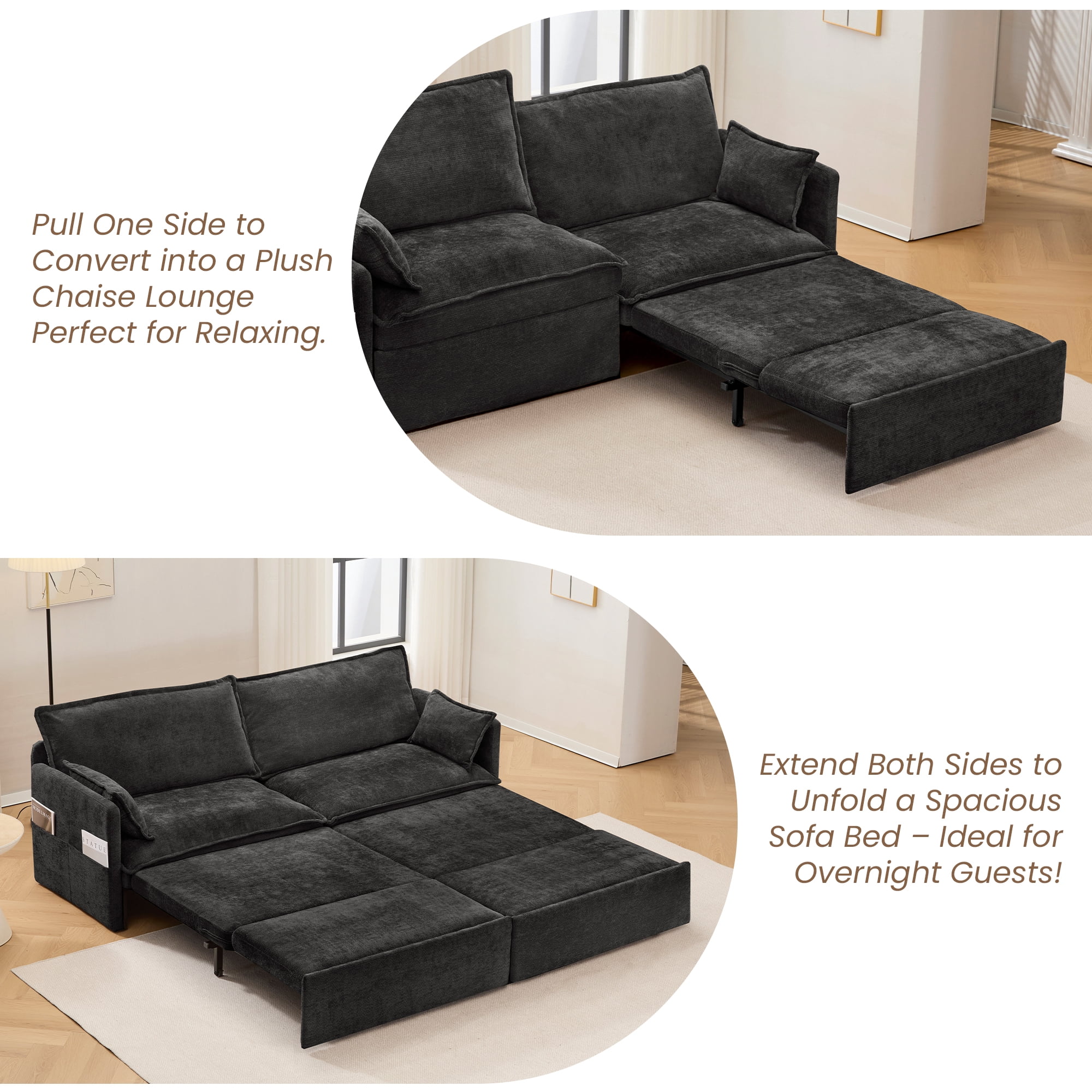 73.6'' Pull Out Sofa Bed, 3 in 1 Convertible Sleeper Loveseat Sofa, Pull Out Couch with USB Charging, Side Pockets for Living Room, Apartment, Small Spaces (Chenille, Black)