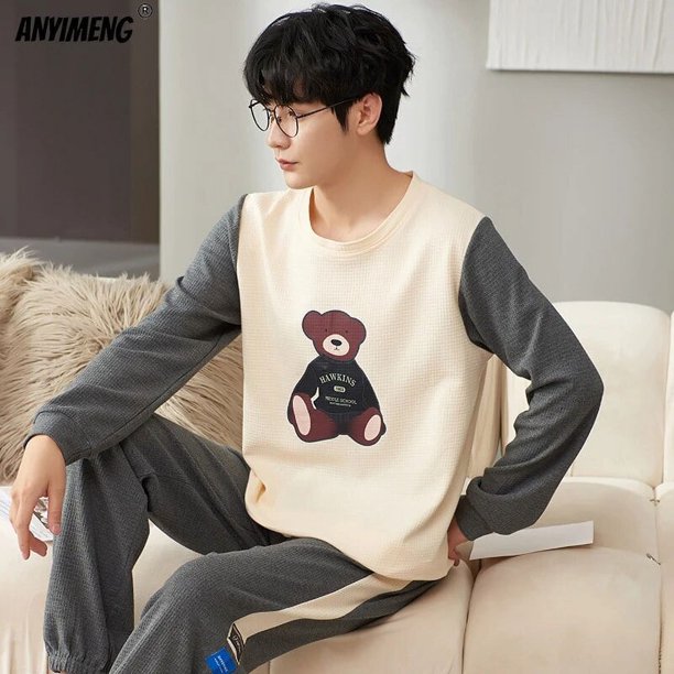 Conjunto de pijama de algodón de manga larga para hombre y mujer, ropa de dormir con cuello redondo, a la moda, otoño e invierno, novedad