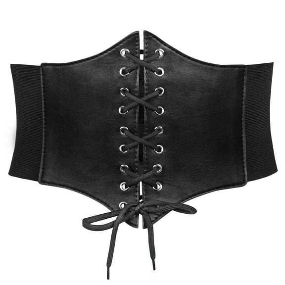 WHIPPY Women Lace-up Corset Waist Belt, Elastic Black Wide Belt For Dresses