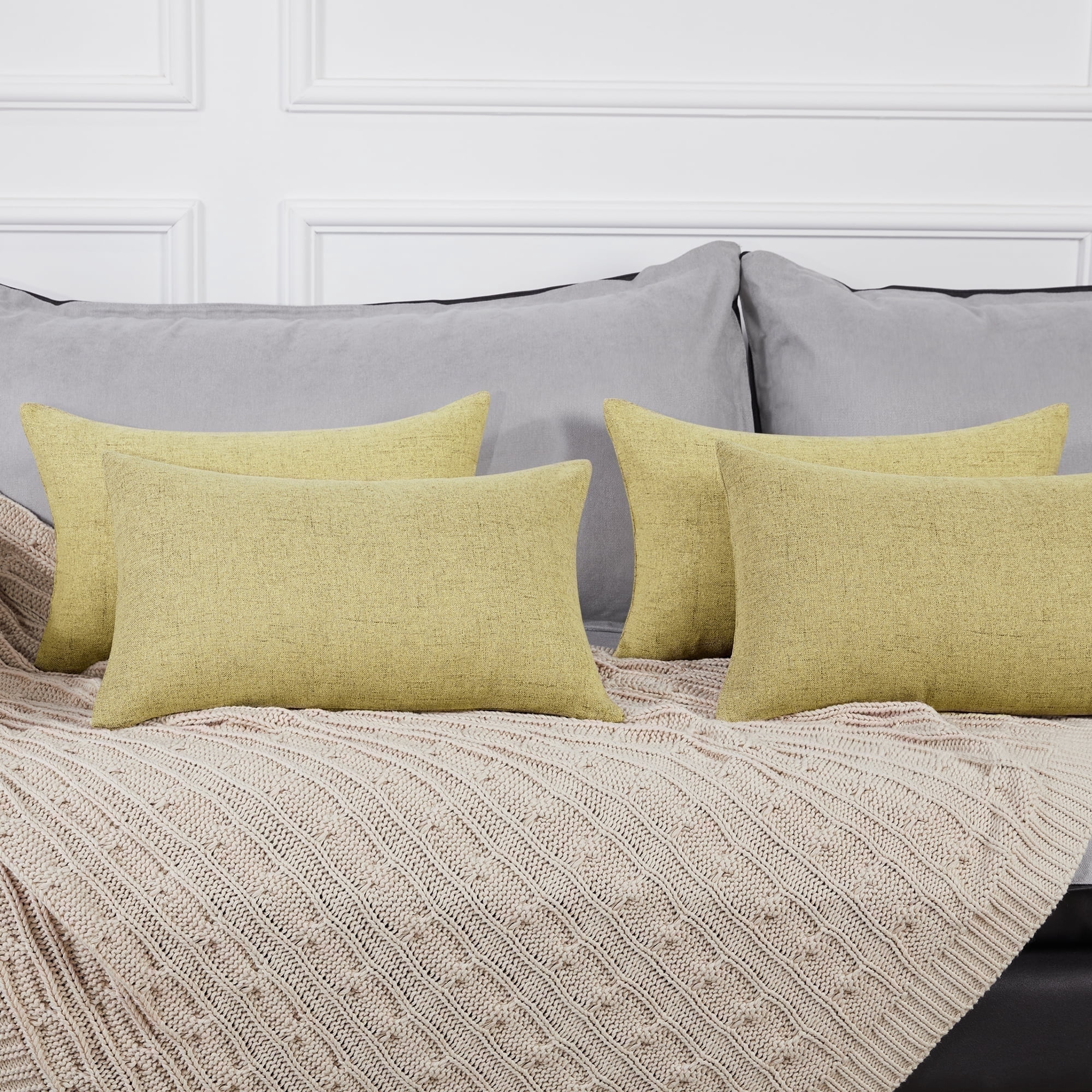 (4 pack) Deconovo Faux Linen Cushion Covers Decorative Pillow Case Covers with Invisible Zipper for Couch 12 x 20 inch Flax Yellow Set of 4 No Pillow Insert