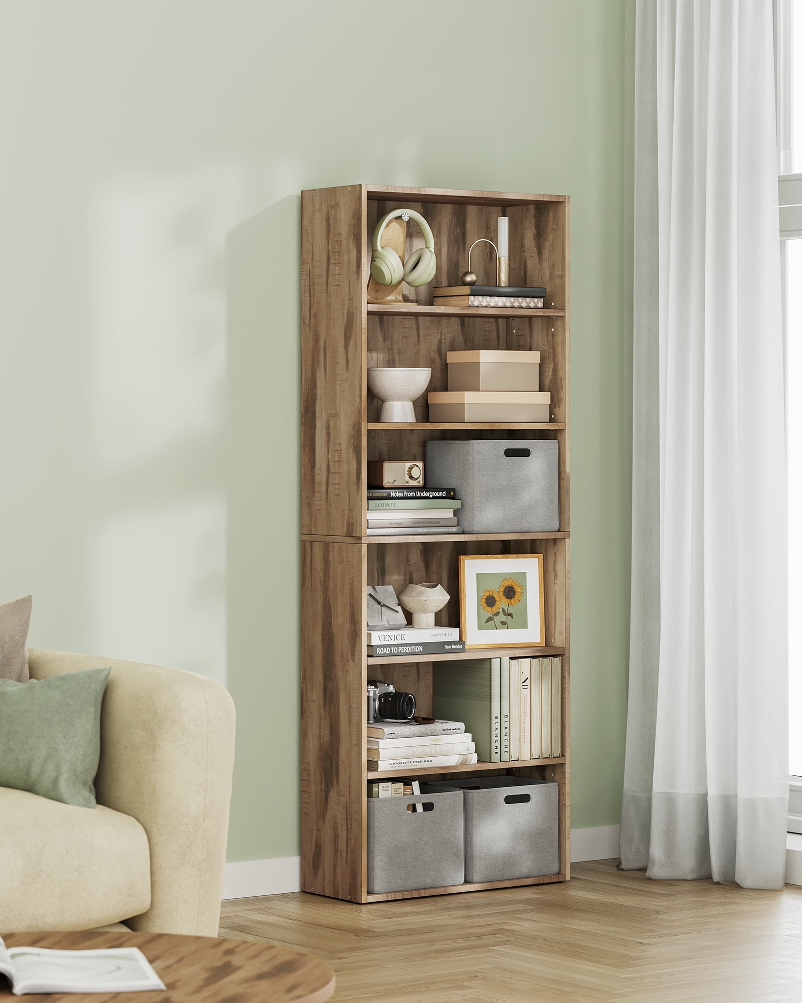 6-Tier Adjustable Bookcase, Open Storage Shelf, 9.4" D x 23.6" W x 63.3" H, for Living Room, Office, Dinning Room, Space-Saving Design