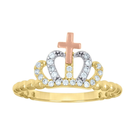 10kt 10k Tri-Color Gold Womens Cubic-Zirconia Cross Crown Fashion Ring
