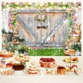 thumbnail image 4 of Spring Garden Easter Backdrop,Rustic Wooden Door Background,Easter Bunny Colored Eggs Backdrop,Granary Wood Wall Flowers Grass Children Easter Party Decoration Backdrop 5X3FT, 4 of 5