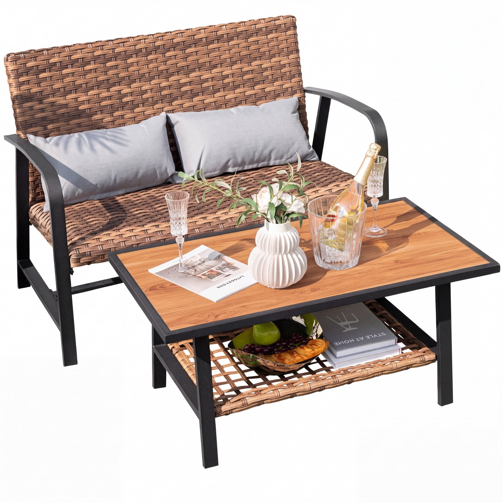 Furnibear 2 Piece Patio Rattan Coffee Table Set with Storage Shelf Quick Dry Cushioned Loveseat and Lumbar Pillows for Garden Backyard, Mix Brown