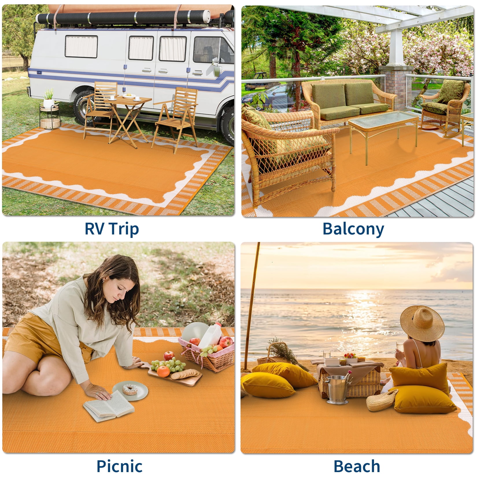Garvee 9x12ft Outdoor Rug Modern Simple Reversible Area Rug, Plastic Straw Rug Waterproof Outdoor Carpet with Bordered Design for Patio Backyard Camping Beach RV Porch, Orange