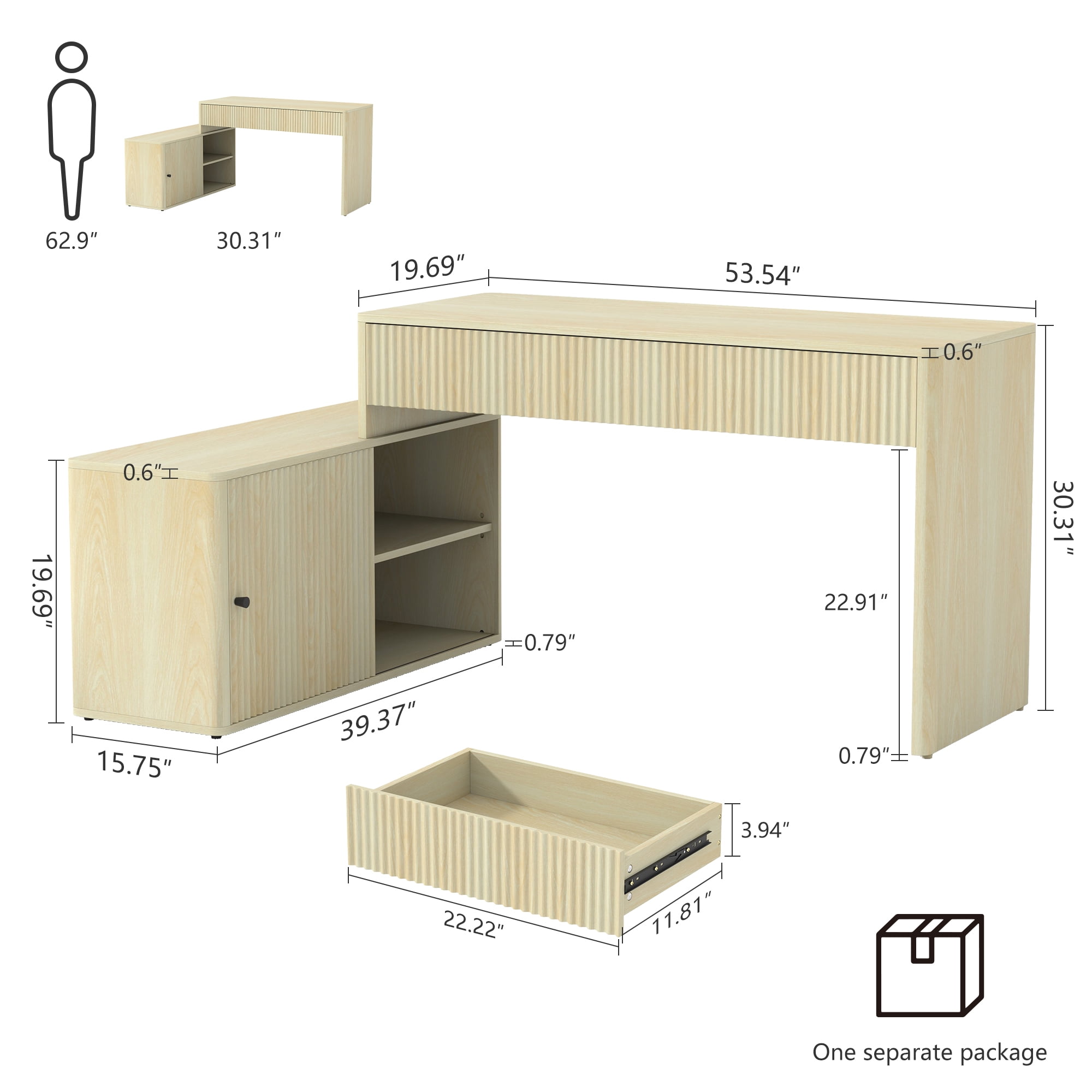 Wirrytor Modern L Shaped Desk with Storage, Corner Computer Desk with 2 Drawers and Sliding Door Cabinet, Home Office Desk for Small Spaces and Study Room, Sturdy Oak Finish Workstation