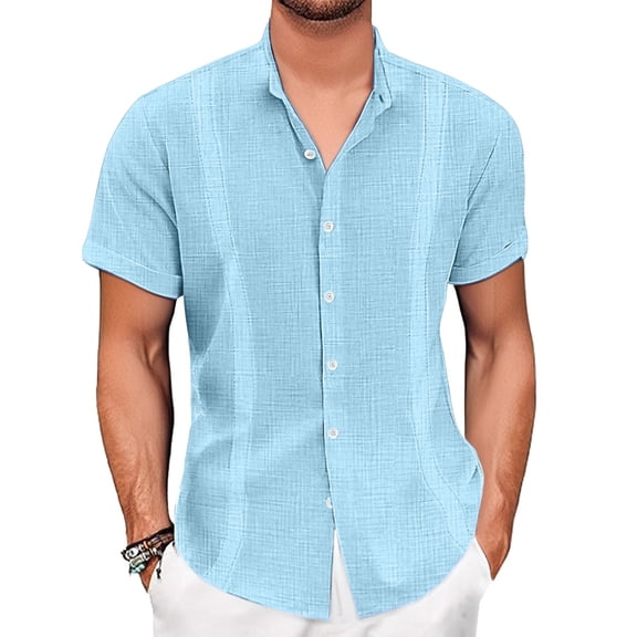 Dwellite Mens Linen Shirts Short Sleeve Button Down Shirts Casual Lightweight Summer Beach Solid Tops Light Blue XL