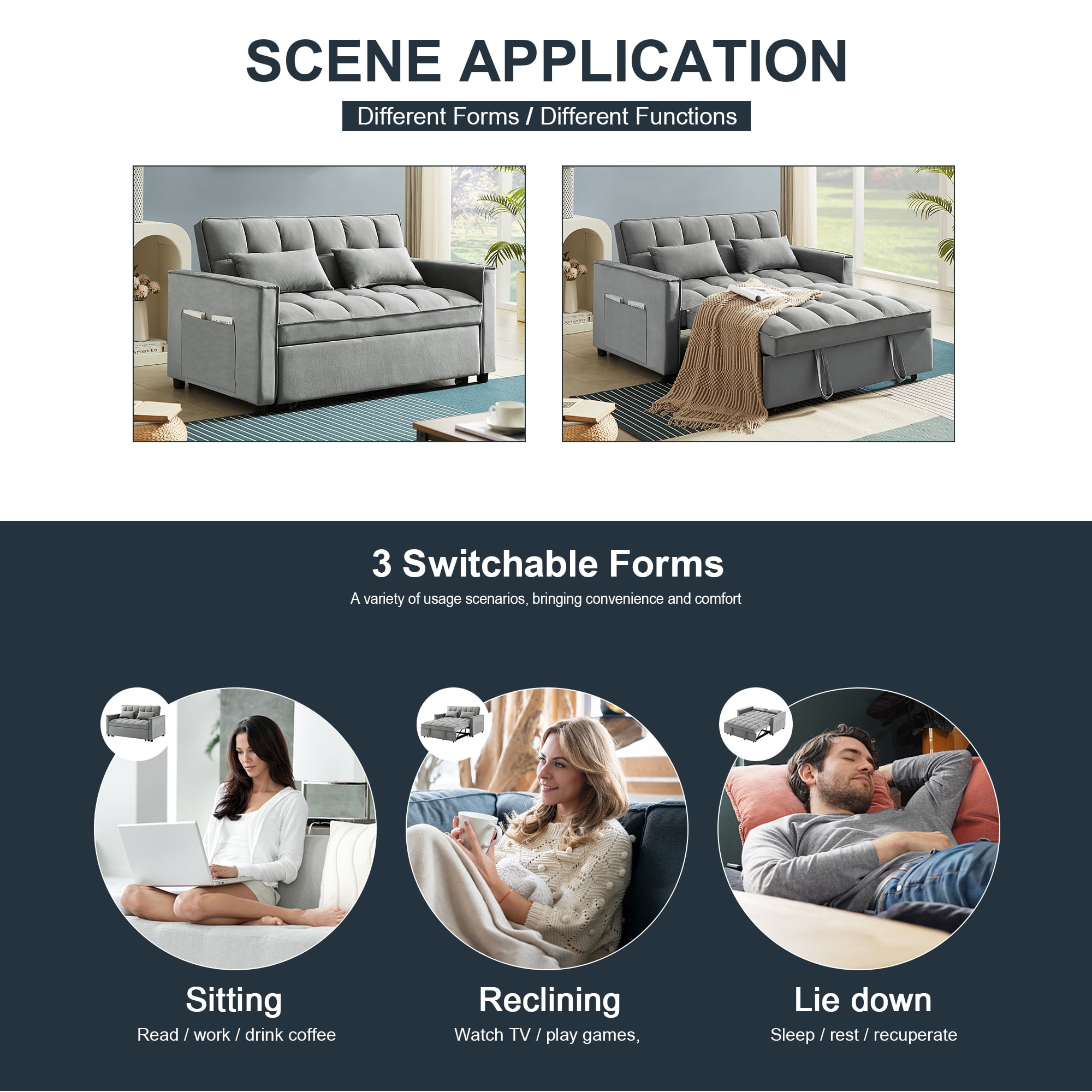 Muumblus 55" Pull Out Futon Sofa Bed, Convertible Sleeper Loveseat with Adjsutable Backrest, Modern Velvet Couch for apartment, Grey