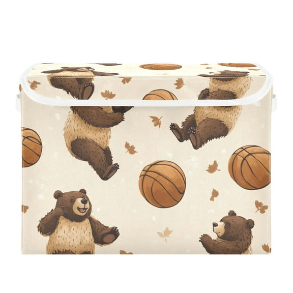 Brown Bears Play Basketball Leaves Foldable Storage Bin with Lid and Handle Collapsible Storage Box 16.5 x 12.6 x 11.8 inches