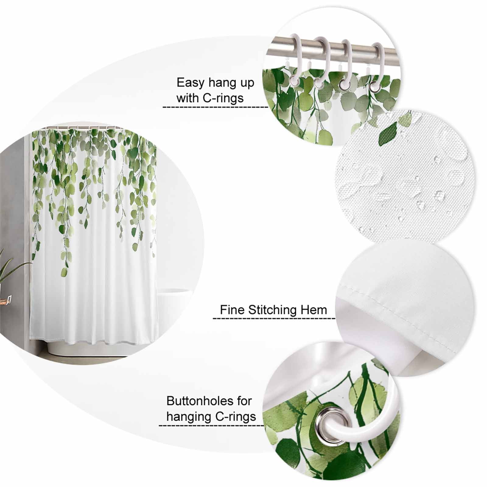 Extra Long Shower Curtain 72x96 Inch, Green Eucalyptus Leaves Shower Curtain Waterproof Bathroom Decor Summer Watercolor Leaf Fabric Bath Curtain Set Accessories with Hooks