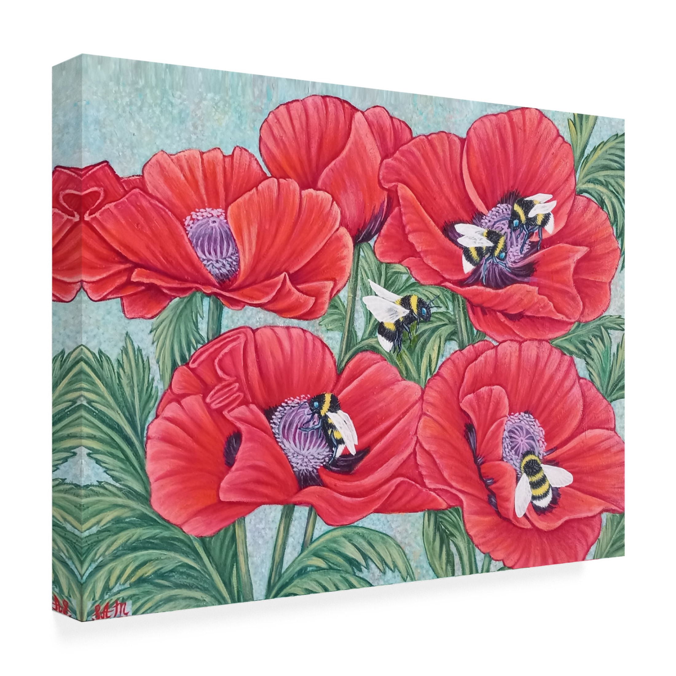 Canvas Wall Art - Sofya Mikeworth 'Bumble Bees and Poppy Flowers' Wall Art for Living Room, Bedroom, or Office Décor by Trademark Fine Art - 24 x 18 Inches