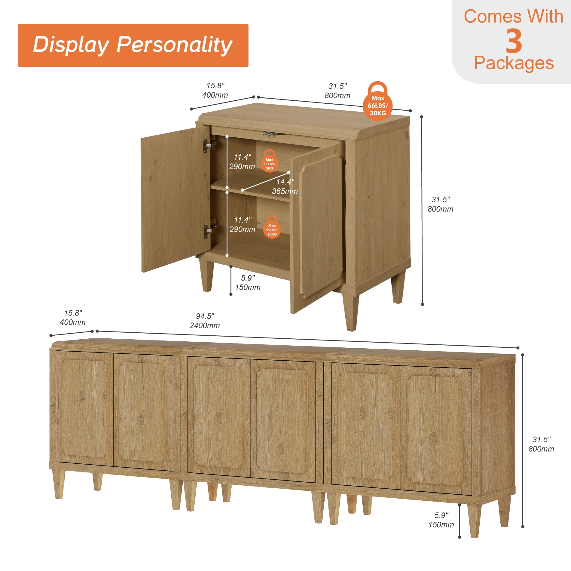 94.5" Modern Buffet Cabinet with Storage, Oak Kitchen Sideboard with Embossed Doors, Oak